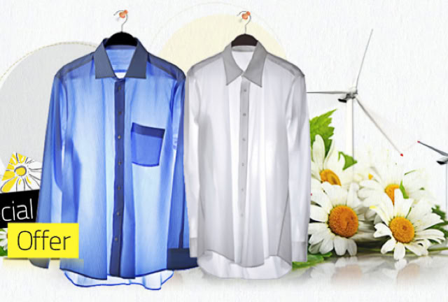 Two collared shirts, one blue and one white, hanging on hangers with daisies, wind turbines, and a "Special Offer" sign in the background.